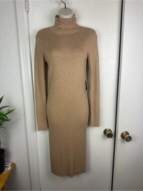 Express Camel Ribbed Turtleneck Midi Dress